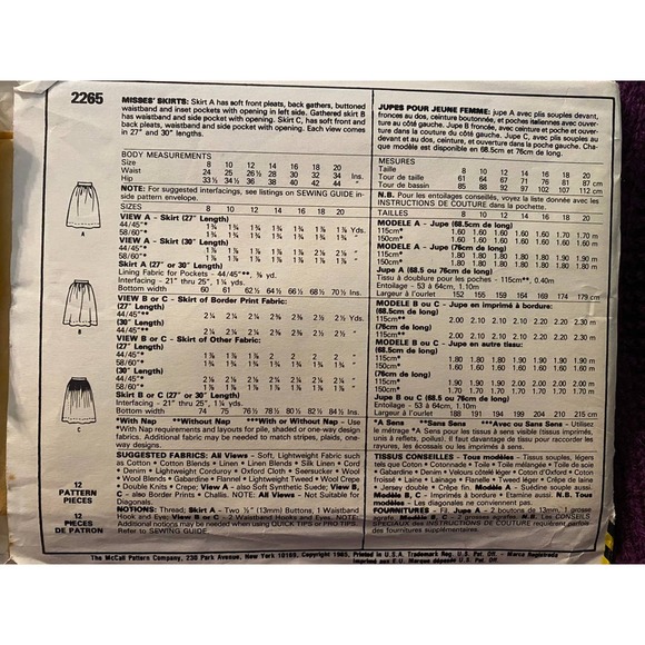 McCalls 2265 skirt sewing pattern sz 10 - Picture 3 of 5